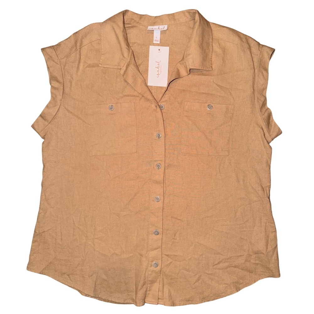 Isabel by Ingrid & Isabel Tan Linen Blend Sleeveless Button Down Top Large NWT